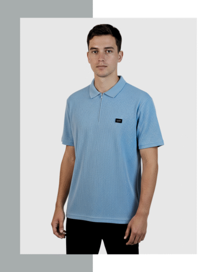 Light Blue Ribbed Polo With Zipper
